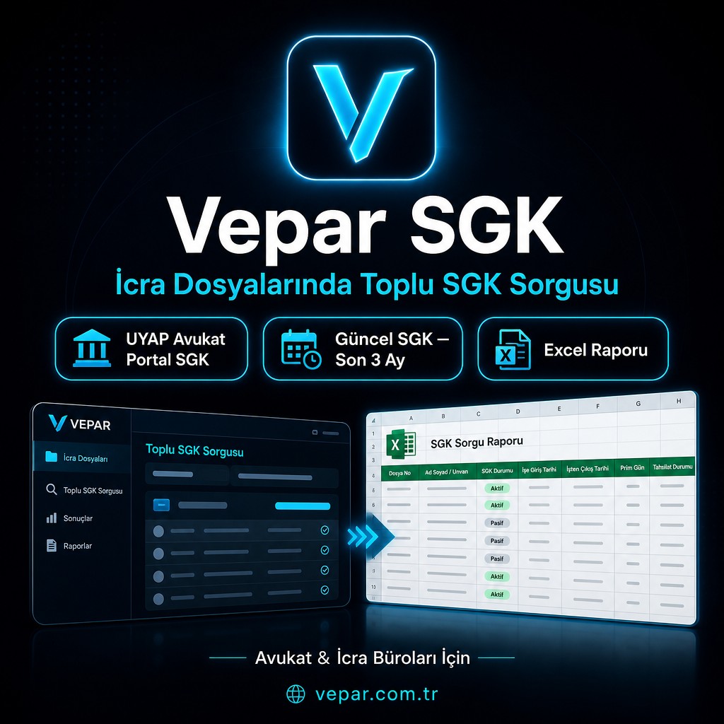 Vepar SGK — icra dosyalarında toplu SGK sorgusu, UYAP SGK, Güncel SGK ve Excel raporu